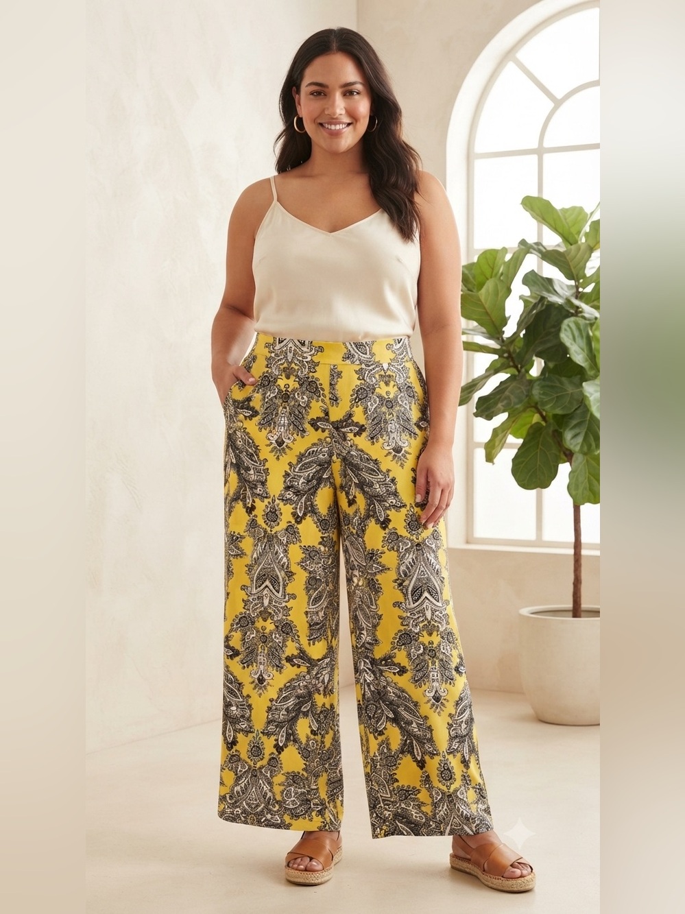 Cato Yellow Paisley Wide-Leg Palazzo Pants